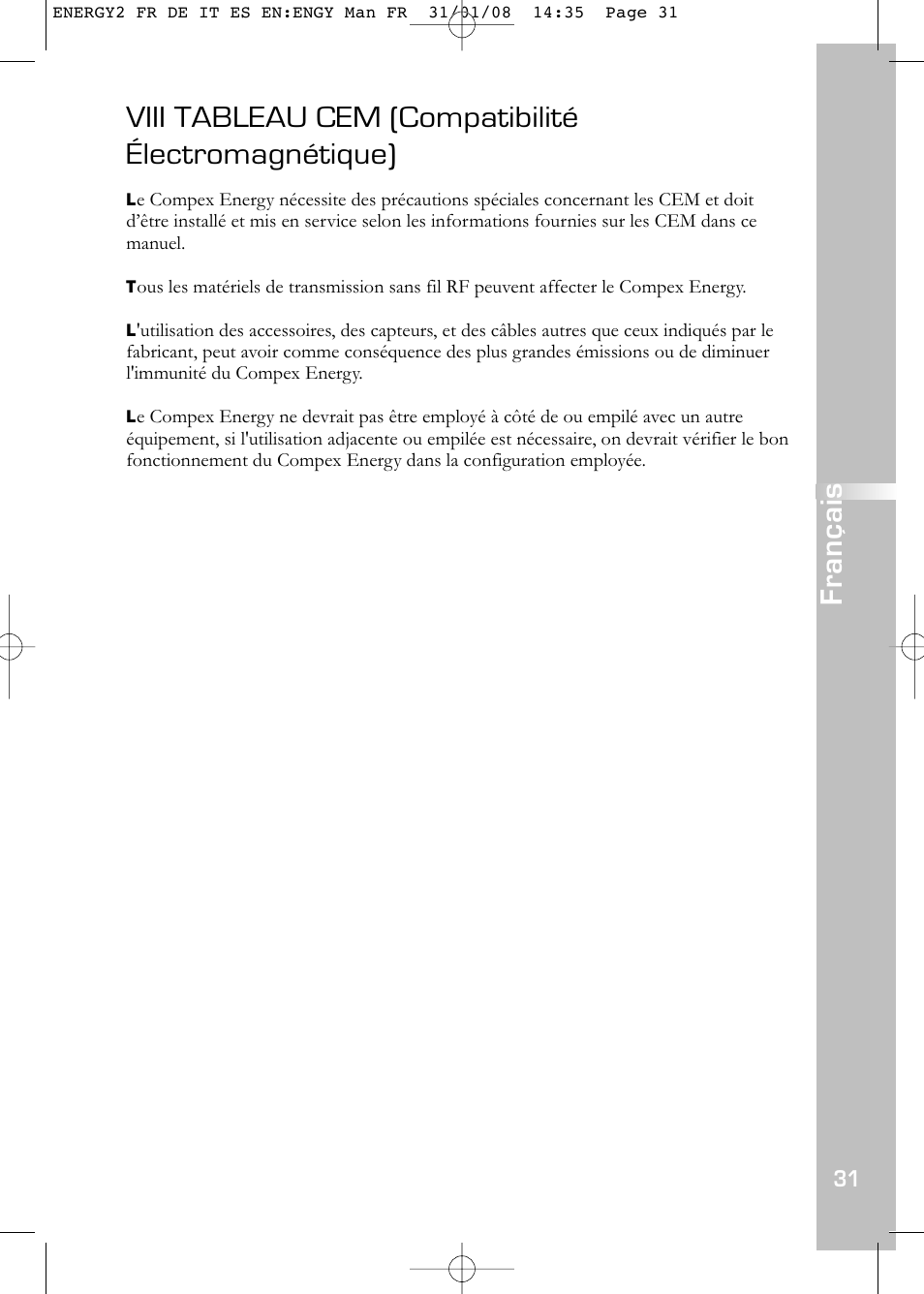 Viii tableau cem (compatibilité électromagnétique), Français | Compex Energy mi-Ready User Manual | Page 33 / 183