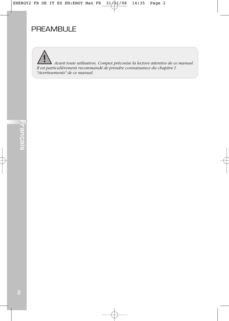 Preambule, Français | Compex Energy mi-Ready User Manual | Page 4 / 183