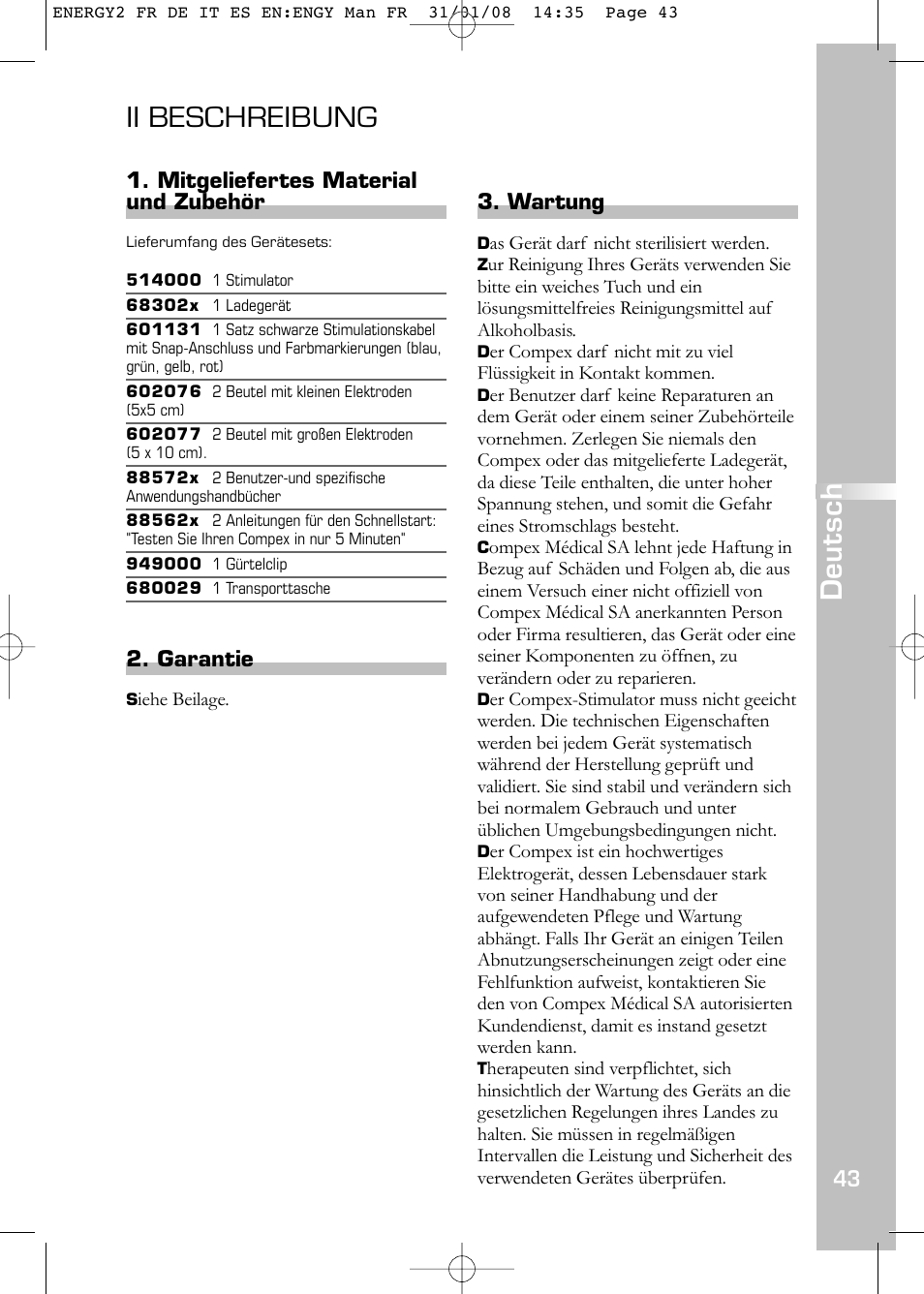 Ii beschreibung, Deutsch | Compex Energy mi-Ready User Manual | Page 45 / 183