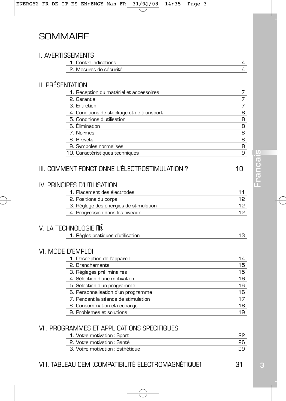 Sommaire, Français, I. avertissements | Ii. présentation, V. la technologie, Vi. mode d’emploi, Vii. programmes et applications spécifiques | Compex Energy mi-Ready User Manual | Page 5 / 183