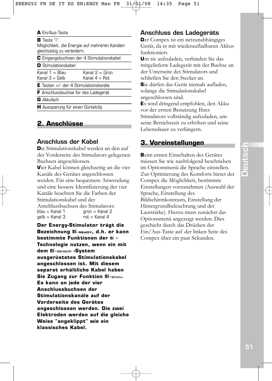 Deutsch, Anschlüsse, Voreinstellungen | Compex Energy mi-Ready User Manual | Page 53 / 183