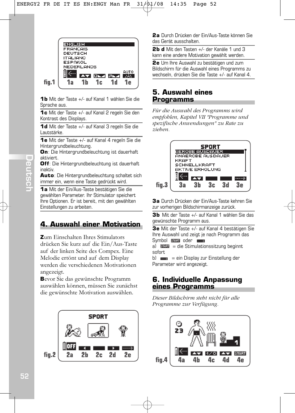 Deutsch, Auswahl einer motivation, Auswahl eines programms | Individuelle anpassung eines programms | Compex Energy mi-Ready User Manual | Page 54 / 183