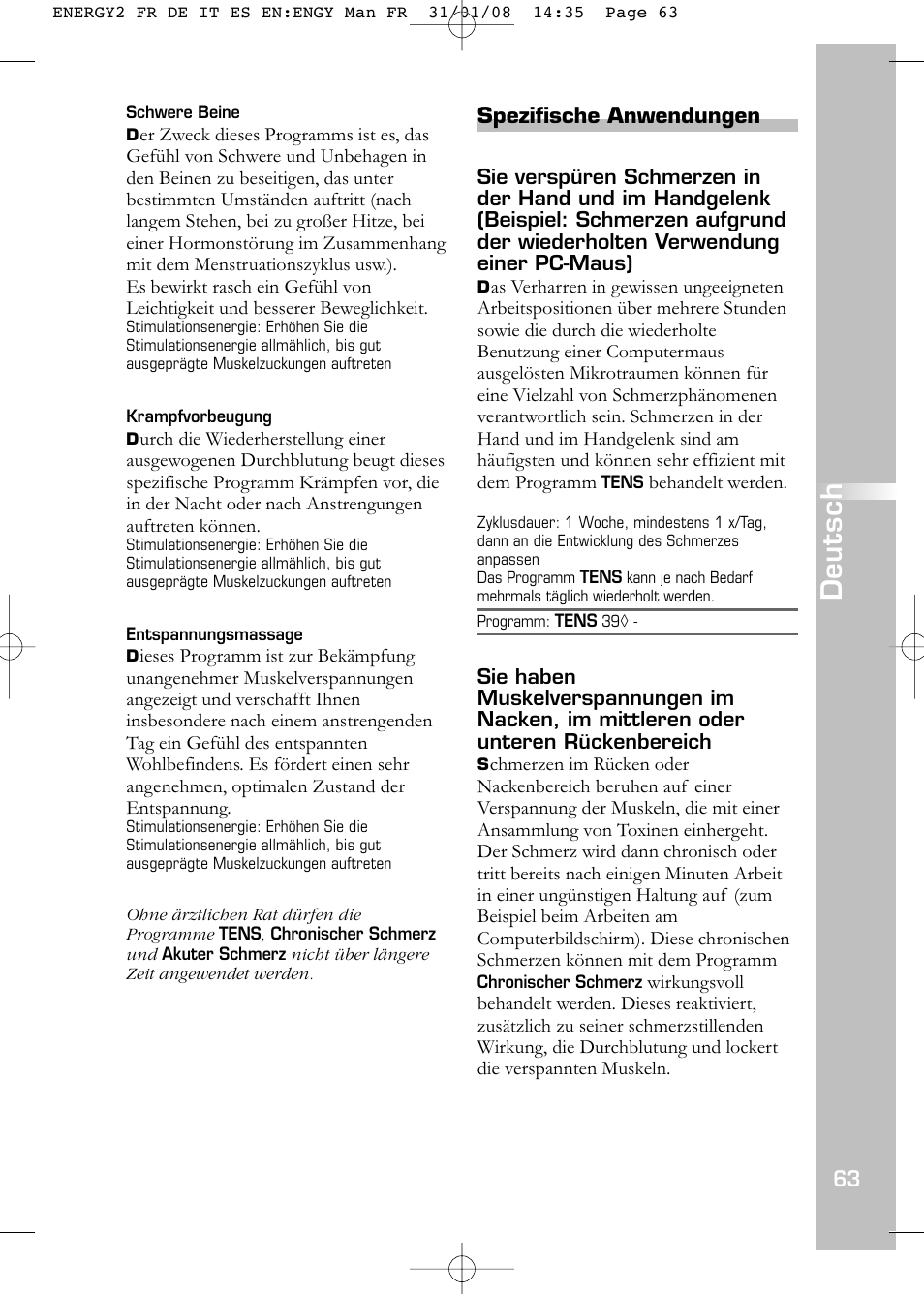 Deutsch, Spezifische anwendungen | Compex Energy mi-Ready User Manual | Page 65 / 183
