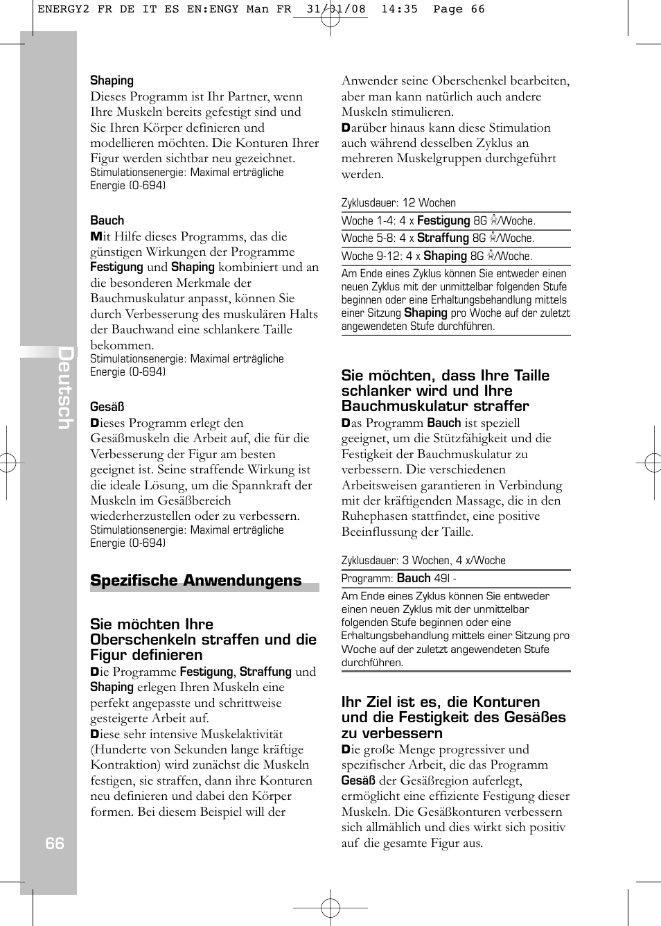 Deutsch, Spezifische anwendungens | Compex Energy mi-Ready User Manual | Page 68 / 183