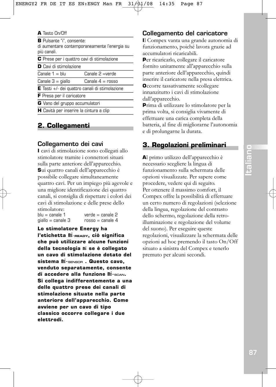 Italiano, Collegamenti, Regolazioni preliminari | Compex Energy mi-Ready User Manual | Page 89 / 183