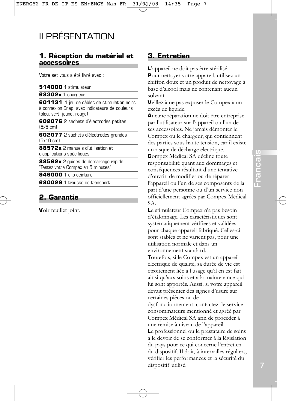 Ii présentation, Français | Compex Energy mi-Ready User Manual | Page 9 / 183