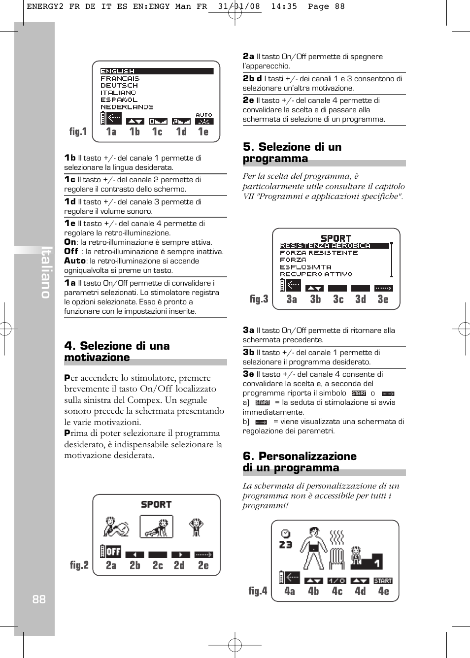 Italiano, Selezione di una motivazione, Selezione di un programma | Personalizzazione di un programma | Compex Energy mi-Ready User Manual | Page 90 / 183