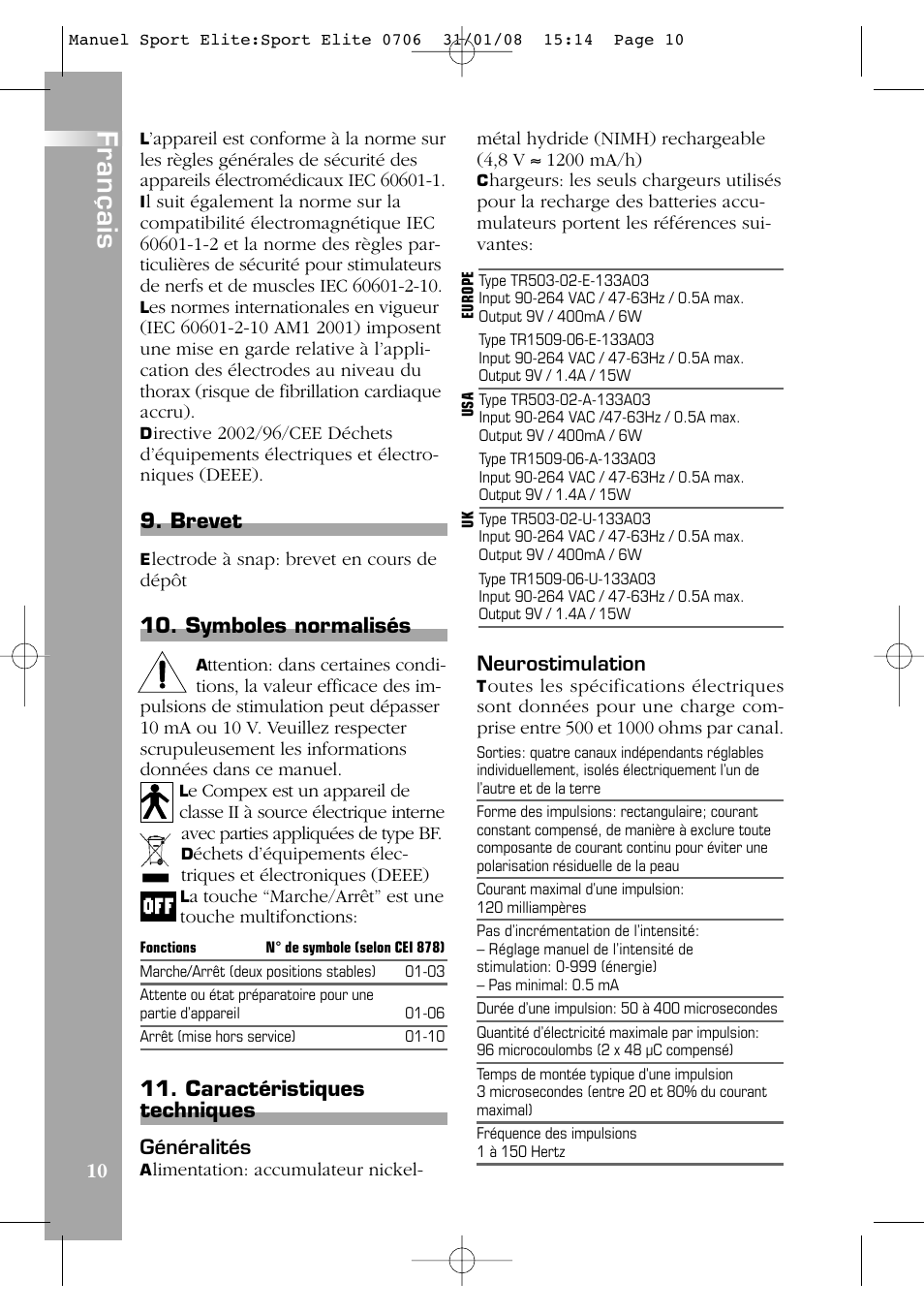 Français, Brevet, Symboles normalisés | Caractéristiques techniques | Compex Sport Elite User Manual | Page 10 / 320