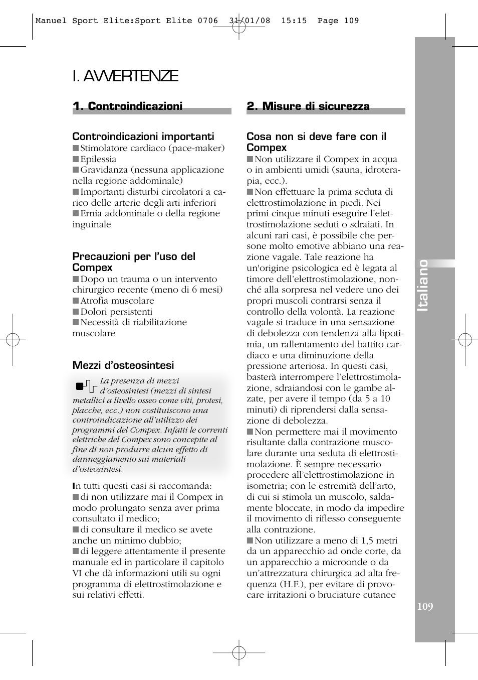 I. avvertenze, Italiano | Compex Sport Elite User Manual | Page 109 / 320