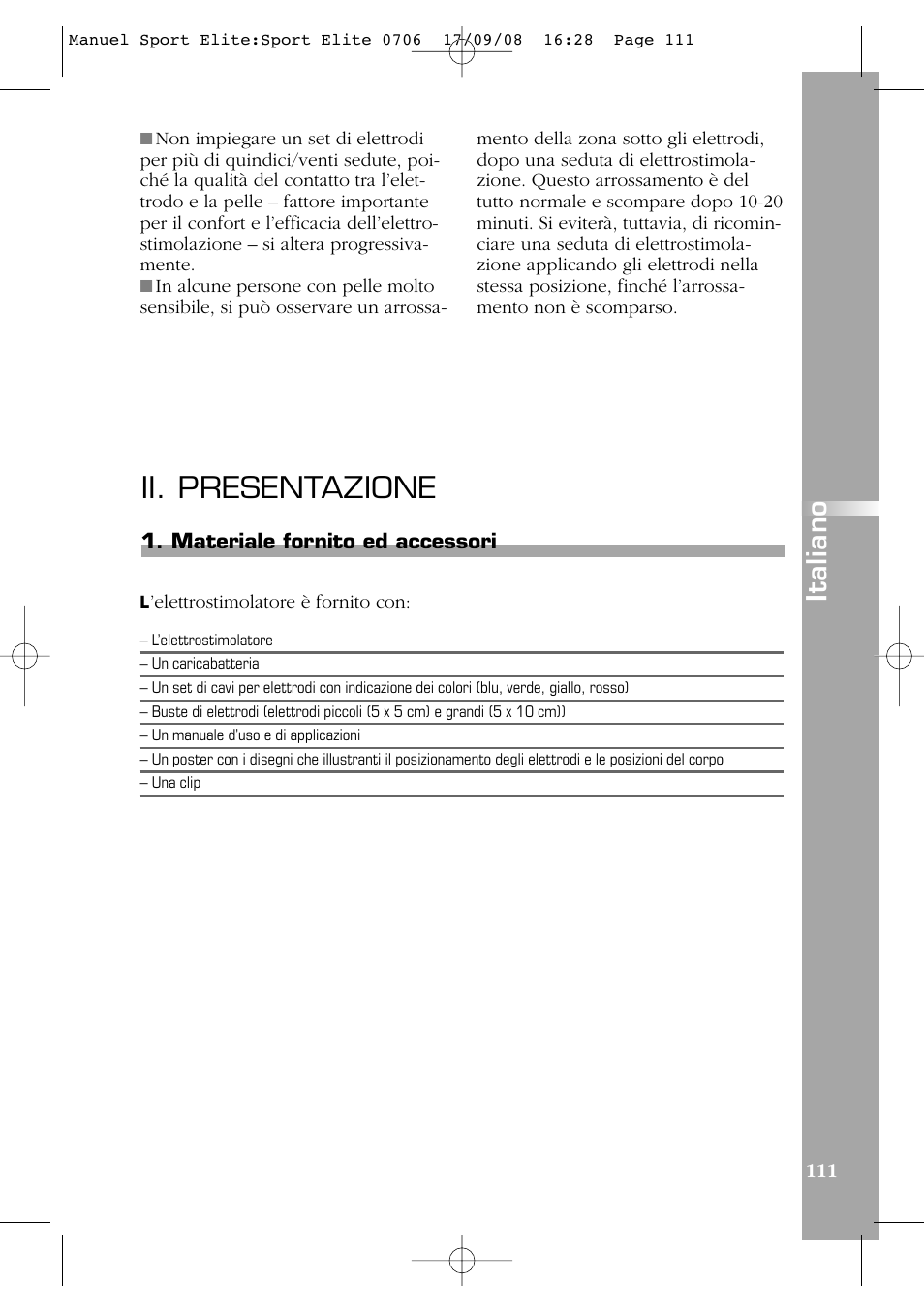 Ii. presentazione, Italiano | Compex Sport Elite User Manual | Page 111 / 320