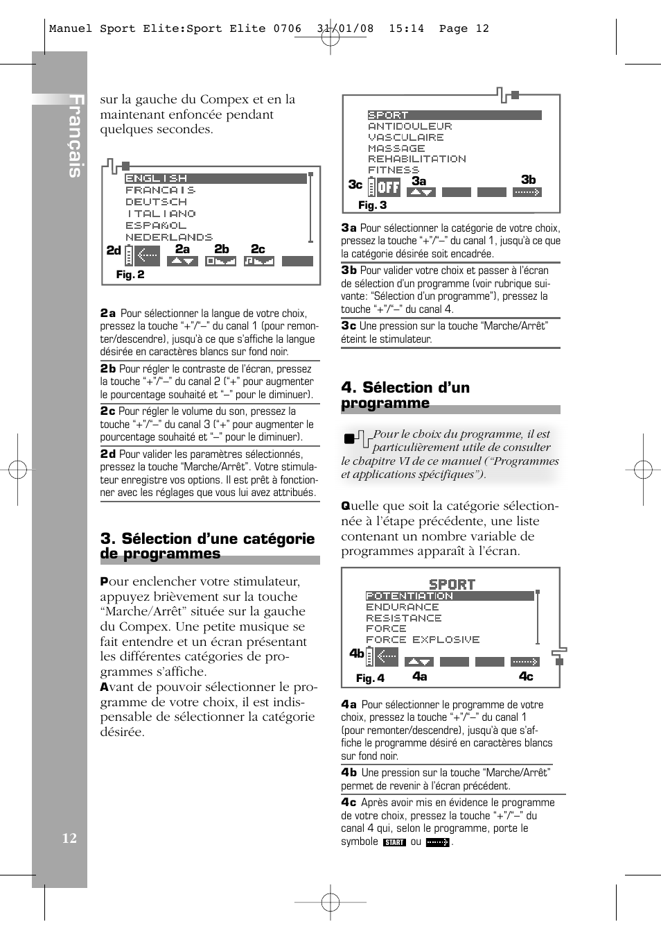 Français, Sélection d’une catégorie de programmes, Sélection d’un programme | Compex Sport Elite User Manual | Page 12 / 320