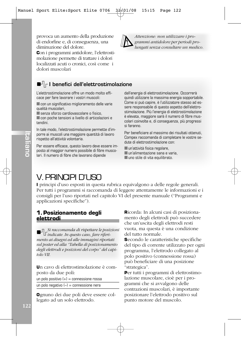 V. principi d’uso, Italiano, 122 1. posizionamento degli elettrodi | Compex Sport Elite User Manual | Page 122 / 320