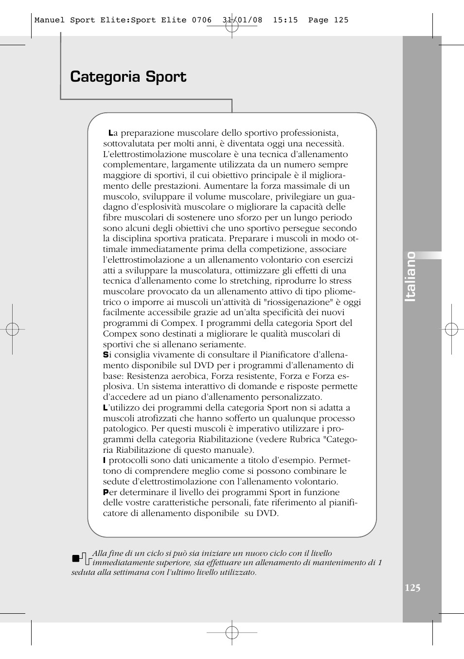 Categoria sport, Italiano | Compex Sport Elite User Manual | Page 125 / 320