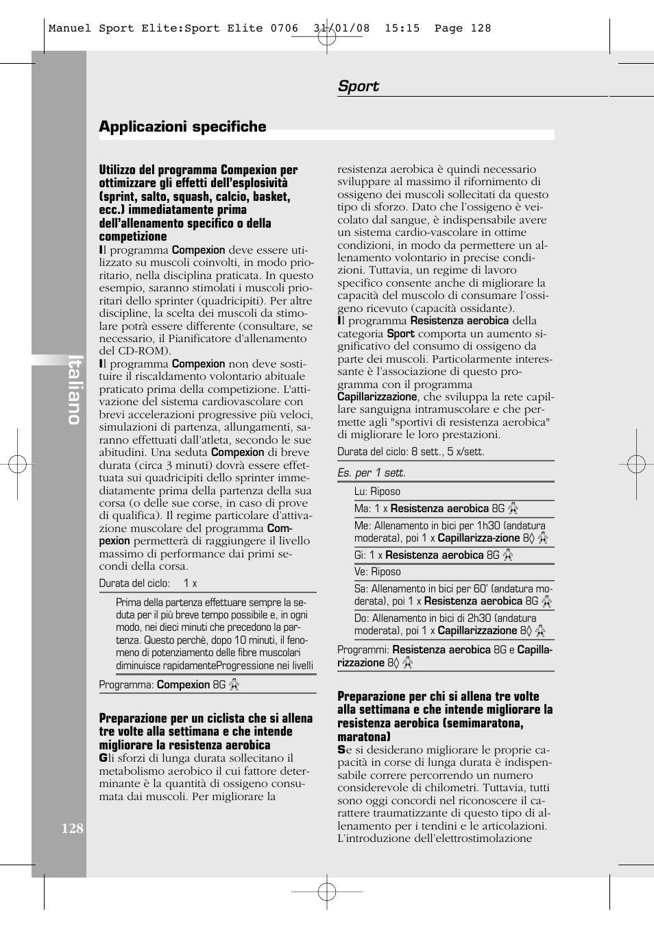 Italiano, Sport, 128 applicazioni specifiche | Compex Sport Elite User Manual | Page 128 / 320