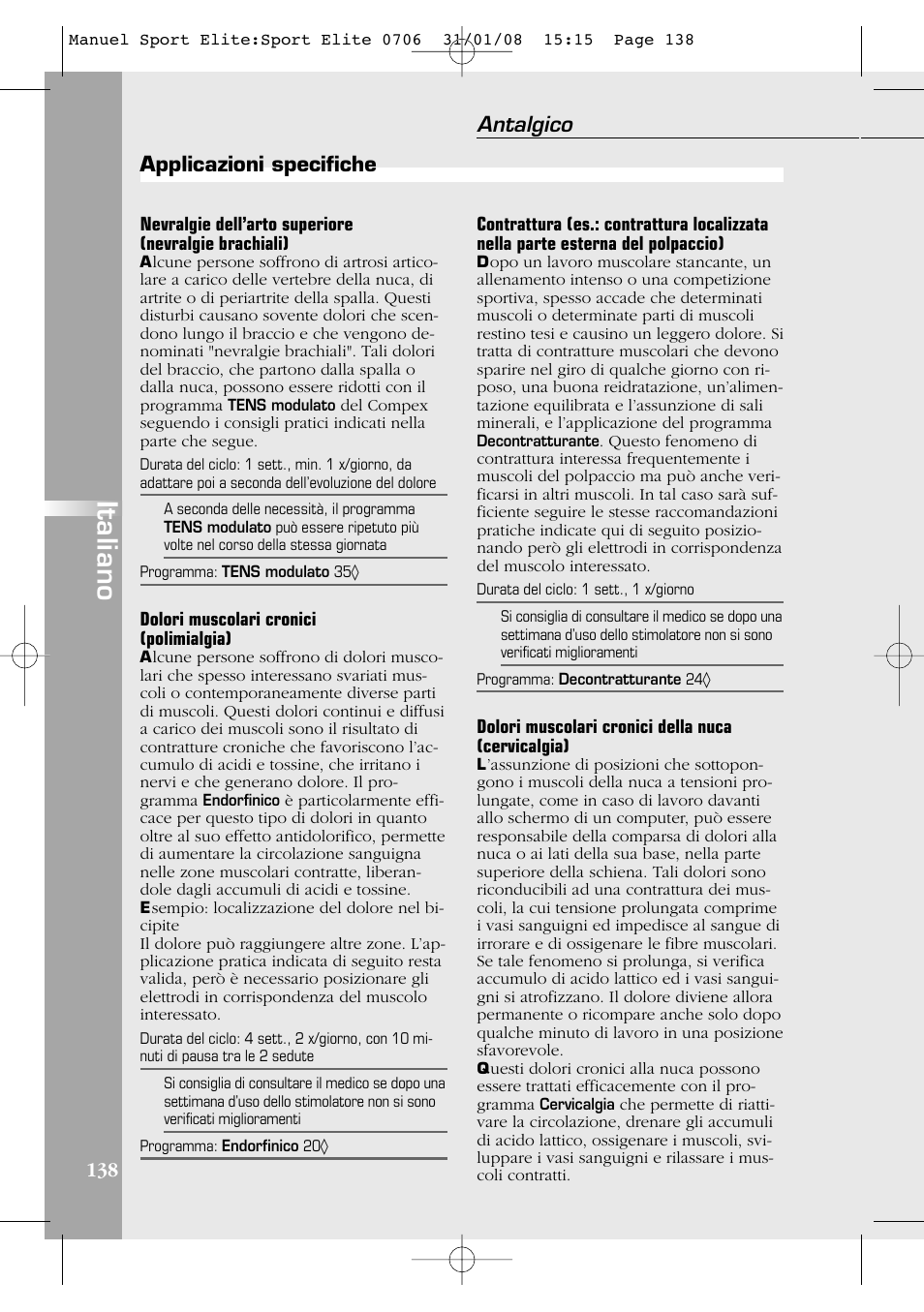 Italiano, Antalgico, Applicazioni specifiche | Compex Sport Elite User Manual | Page 138 / 320