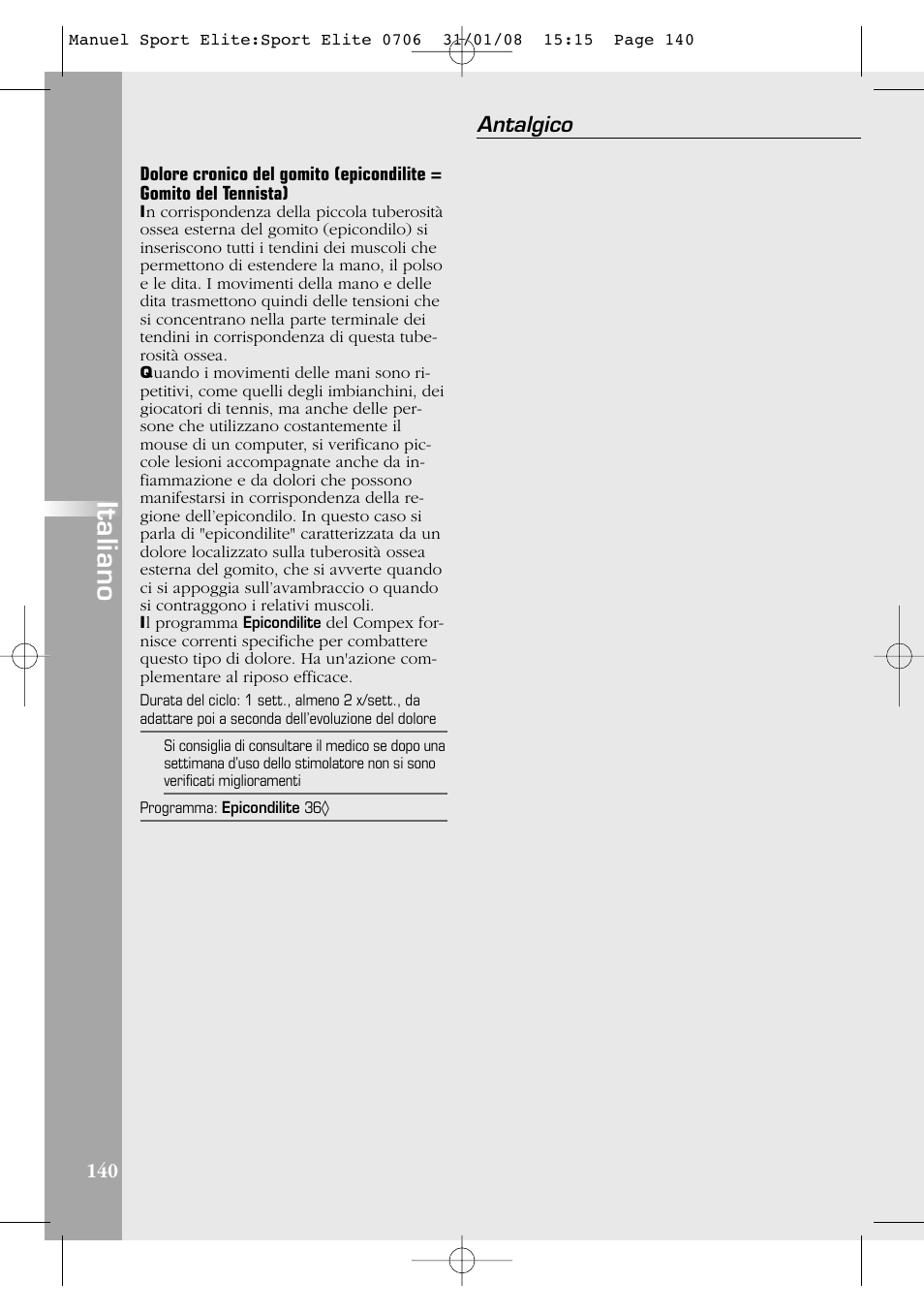 Italiano, Antalgico | Compex Sport Elite User Manual | Page 140 / 320