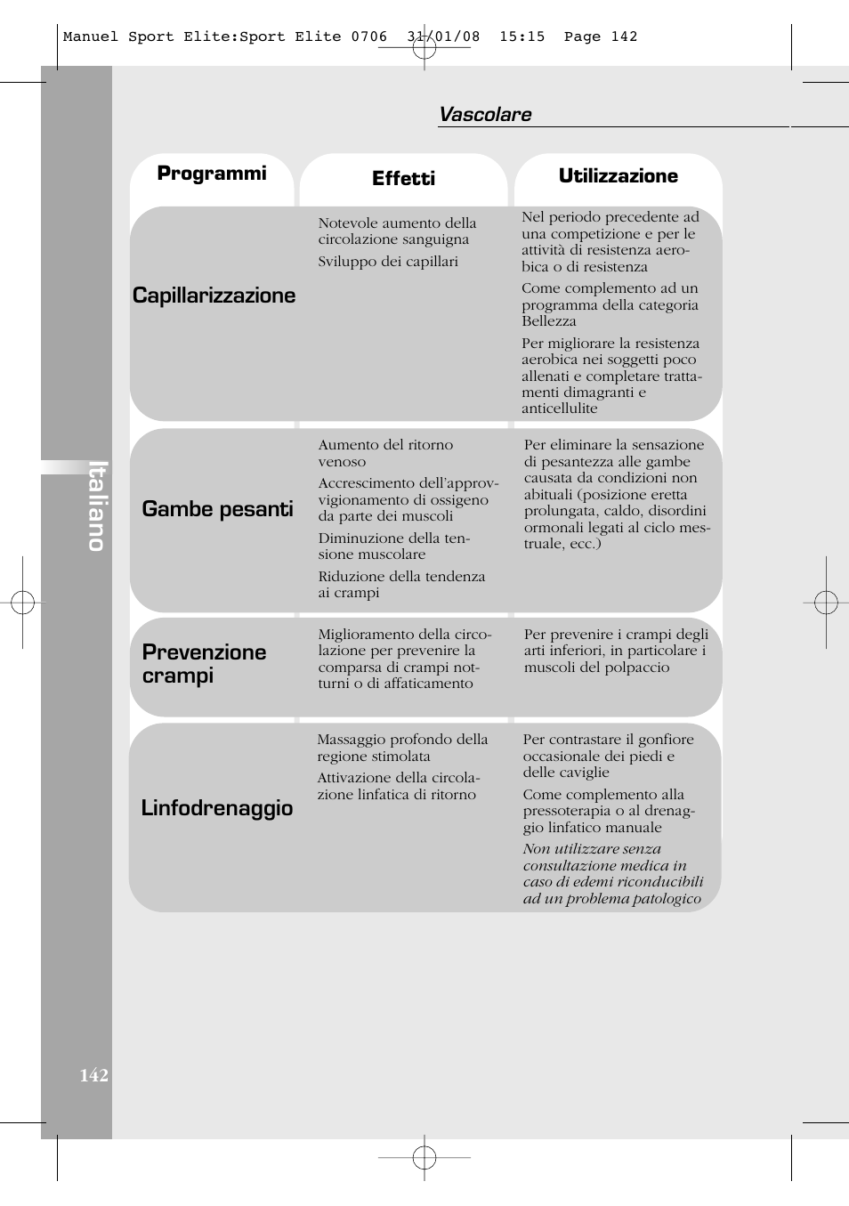 Italiano, Capillarizzazione, Gambe pesanti | Prevenzione crampi, Linfodrenaggio, Vascolare | Compex Sport Elite User Manual | Page 142 / 320