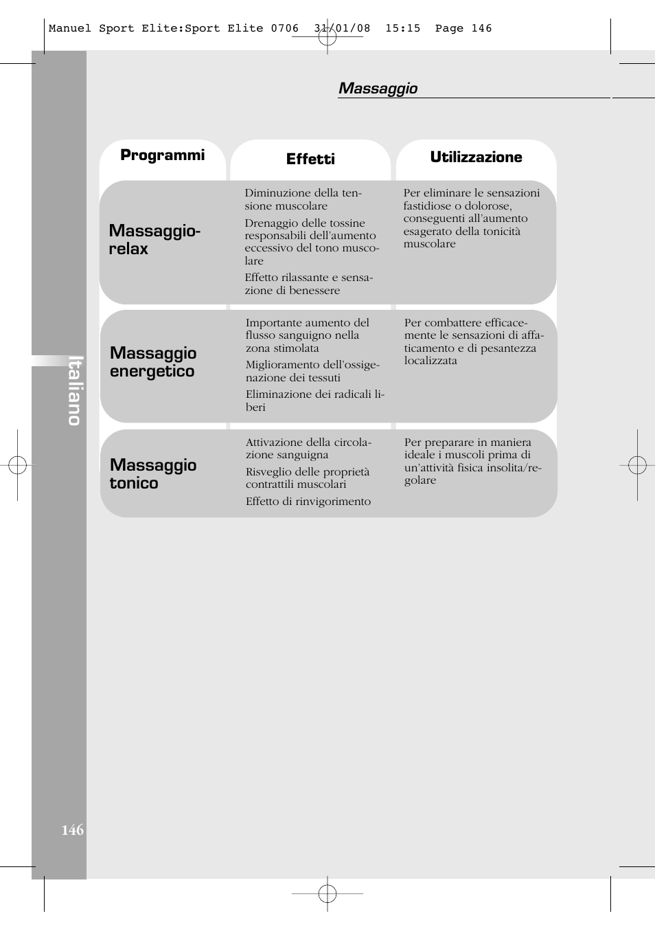 Italiano, Massaggio- relax, Massaggio energetico | Massaggio tonico, Massaggio | Compex Sport Elite User Manual | Page 146 / 320