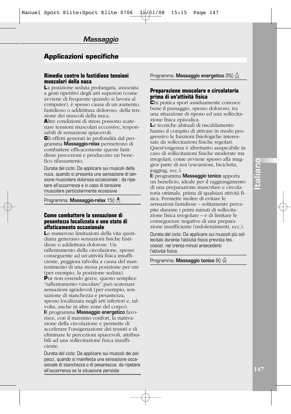 Italiano, Massaggio, Applicazioni specifiche | Compex Sport Elite User Manual | Page 147 / 320
