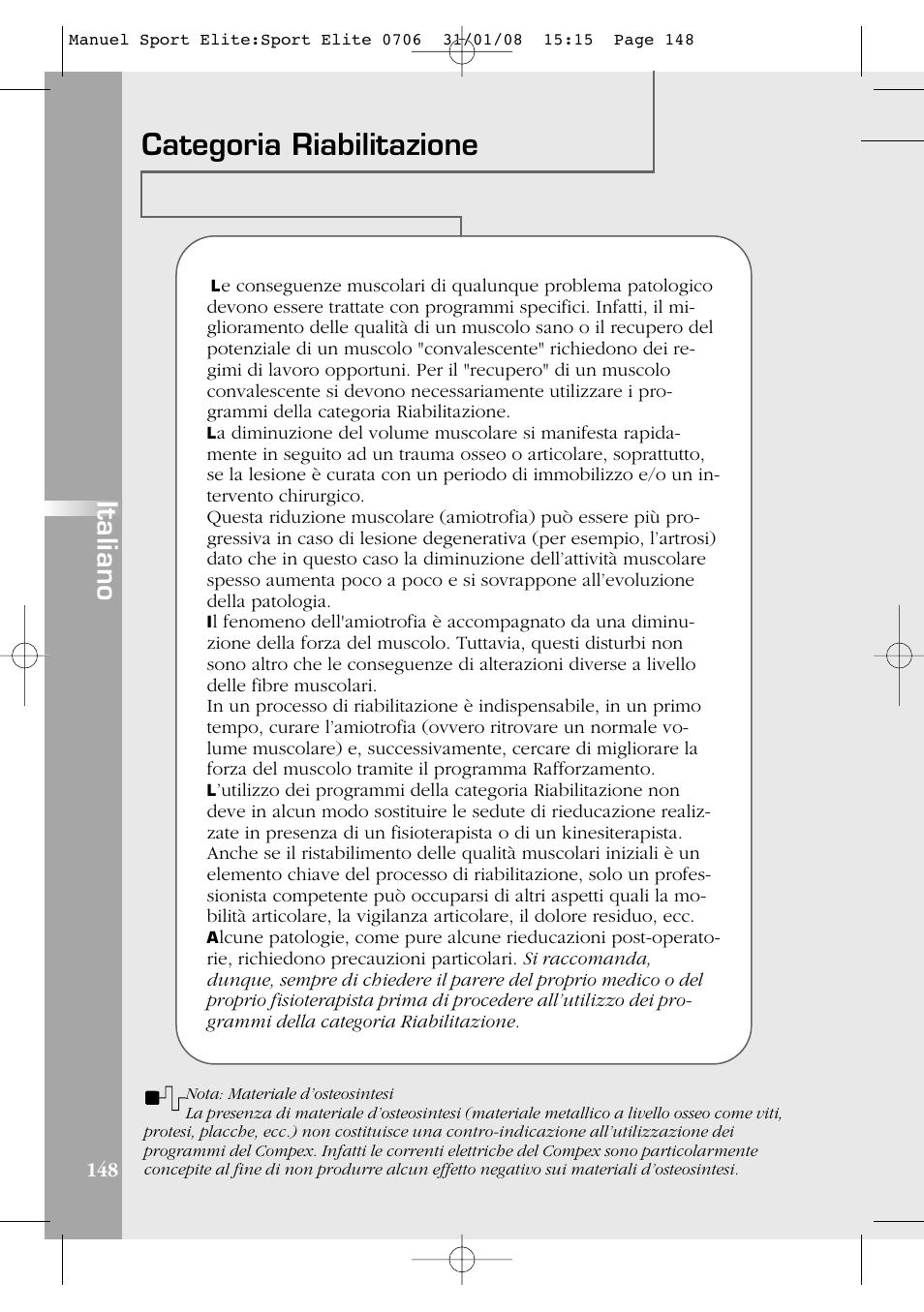 Categoria riabilitazione, Italiano | Compex Sport Elite User Manual | Page 148 / 320