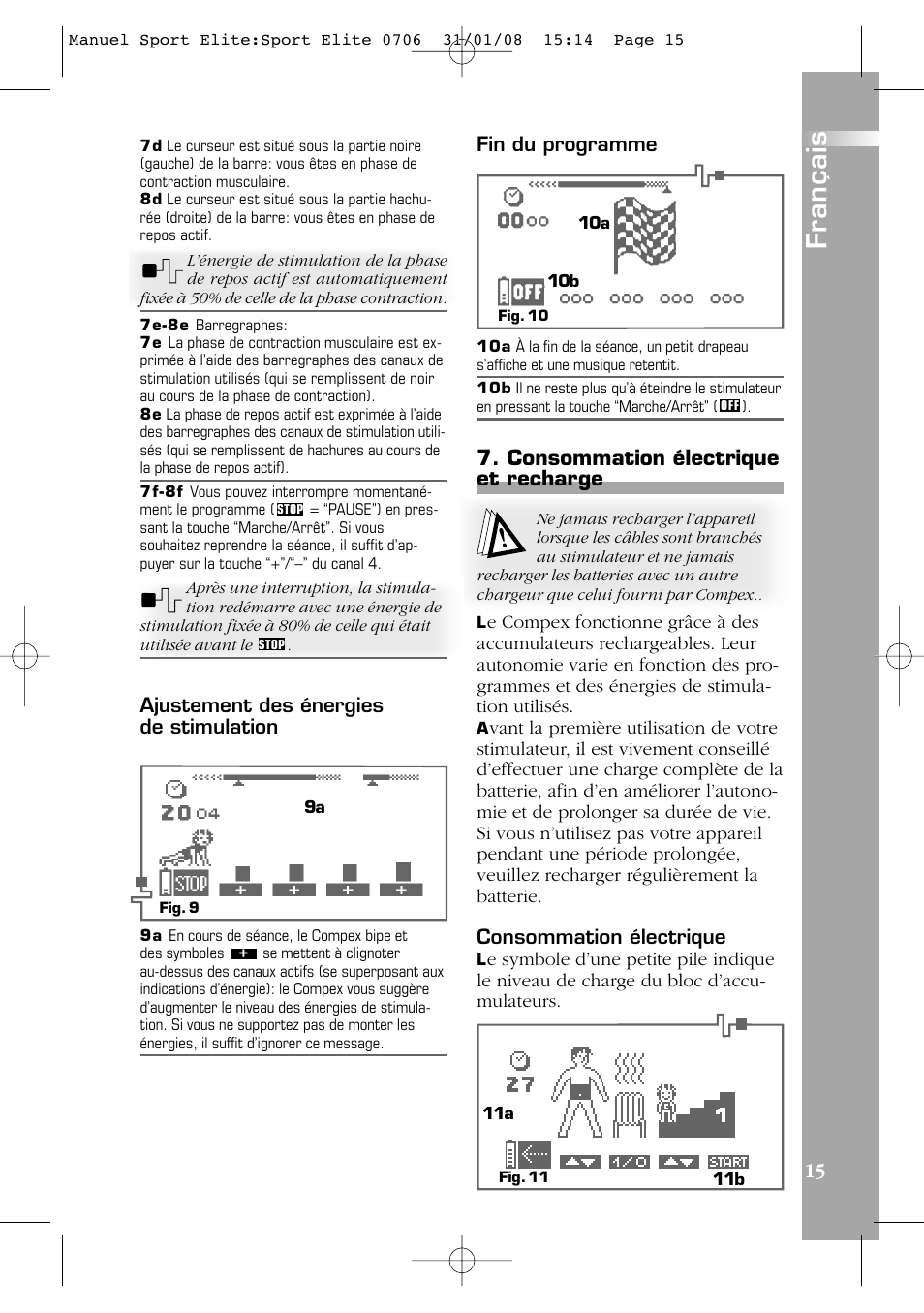 Français, Consommation électrique et recharge | Compex Sport Elite User Manual | Page 15 / 320