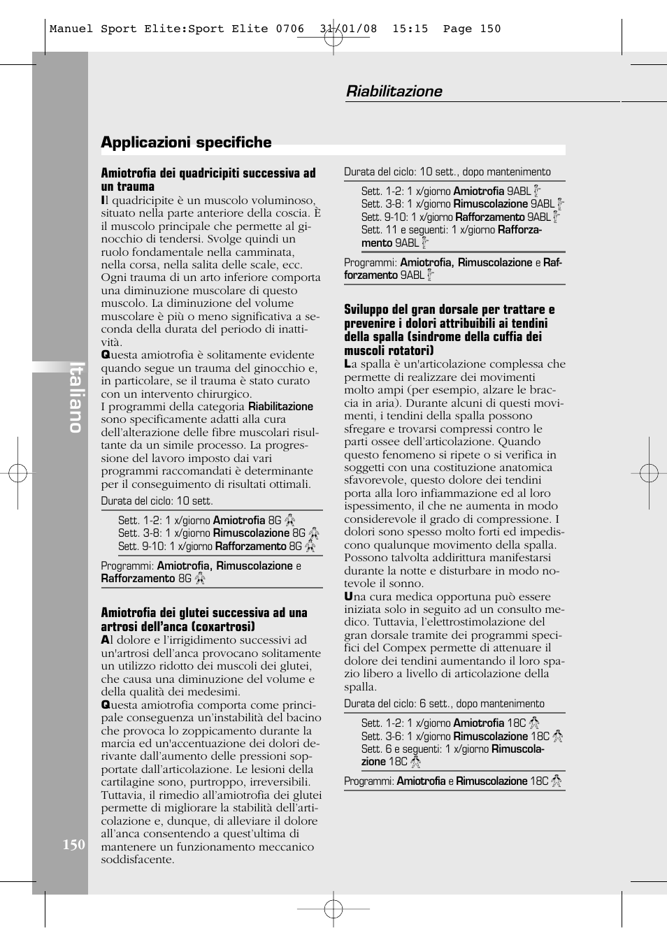 Italiano, Riabilitazione | Compex Sport Elite User Manual | Page 150 / 320