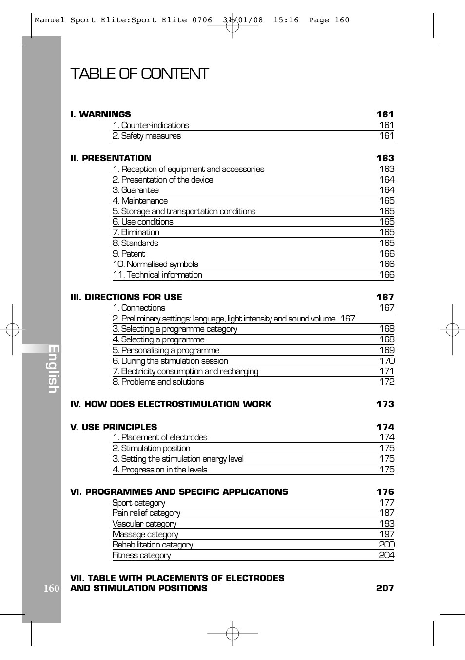 Table of content, English | Compex Sport Elite User Manual | Page 160 / 320