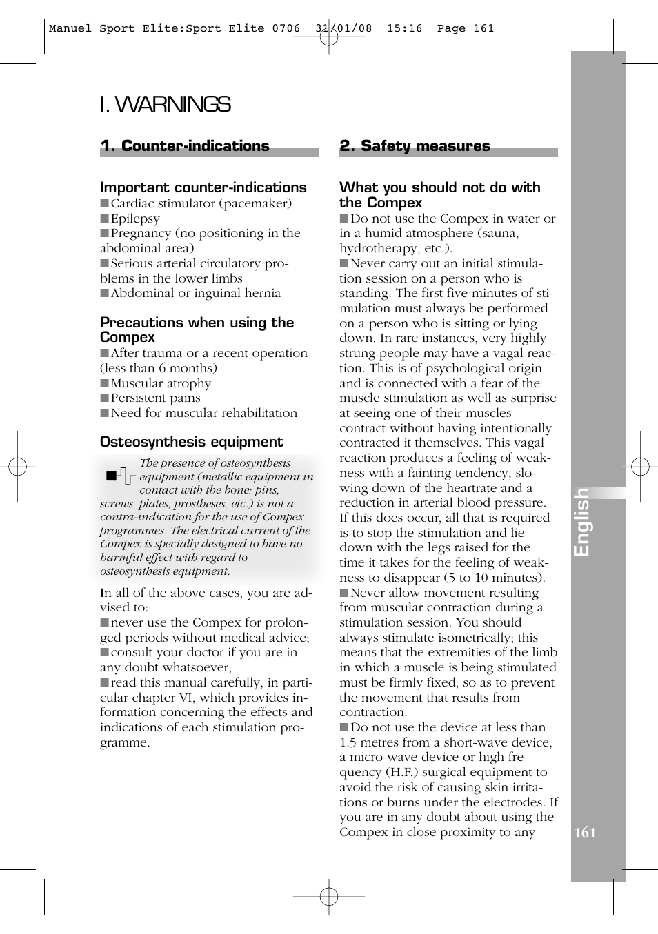 I. warnings, English | Compex Sport Elite User Manual | Page 161 / 320