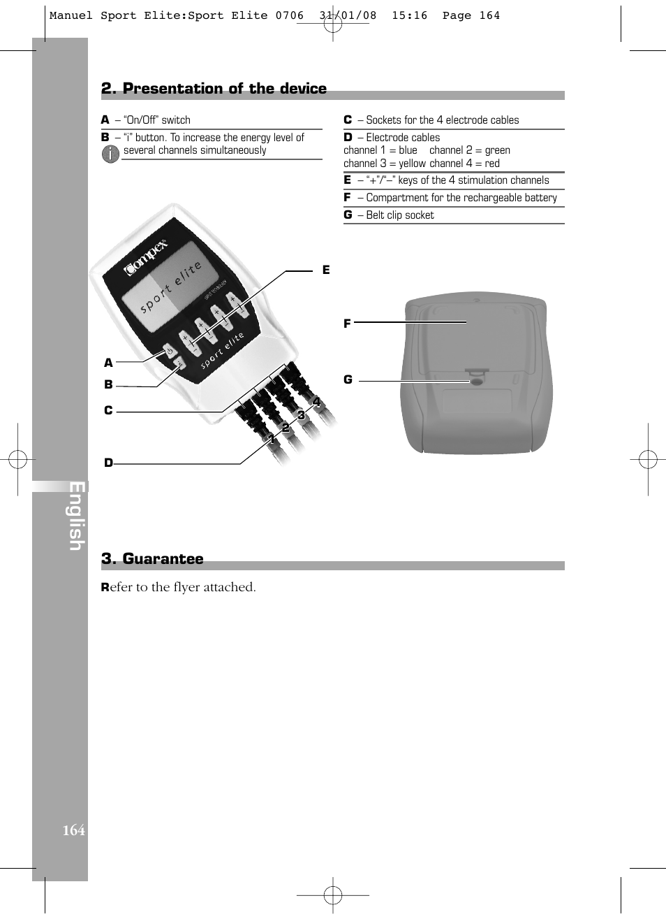 English, 164 3. guarantee, Presentation of the device | Compex Sport Elite User Manual | Page 164 / 320