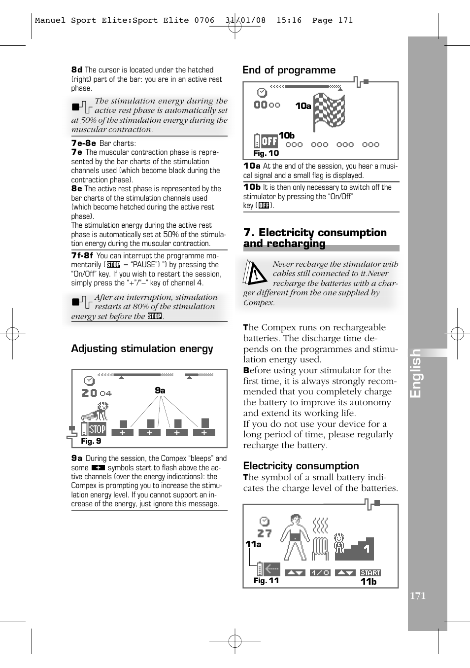 English, Electricity consumption and recharging | Compex Sport Elite User Manual | Page 171 / 320