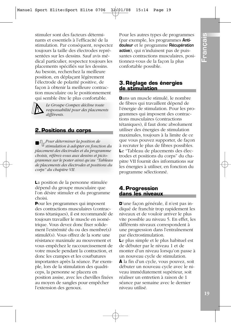 Français | Compex Sport Elite User Manual | Page 19 / 320