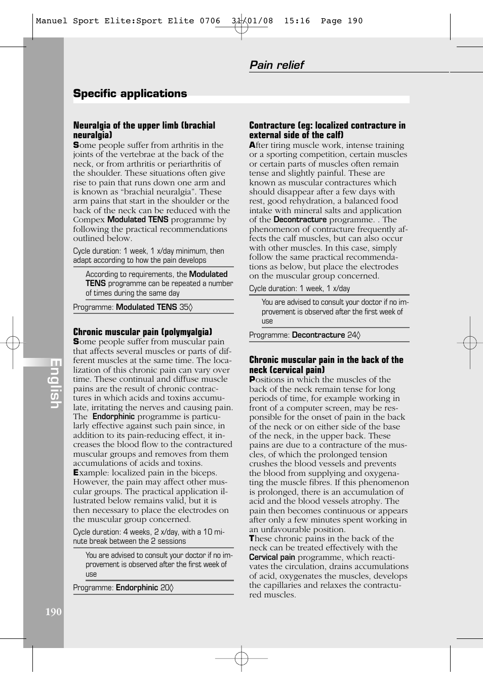 English, Pain relief, Specific applications | Compex Sport Elite User Manual | Page 190 / 320