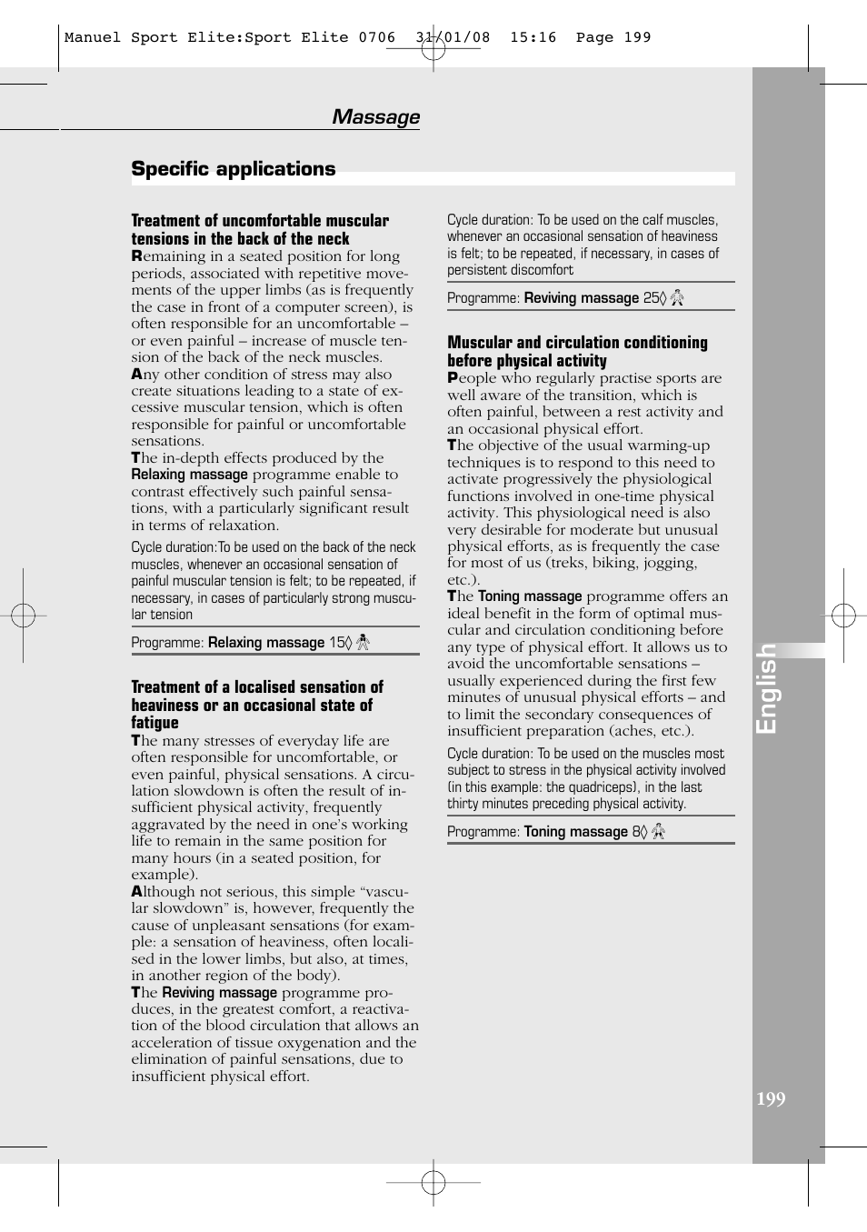 English, Massage, Specific applications | Compex Sport Elite User Manual | Page 199 / 320