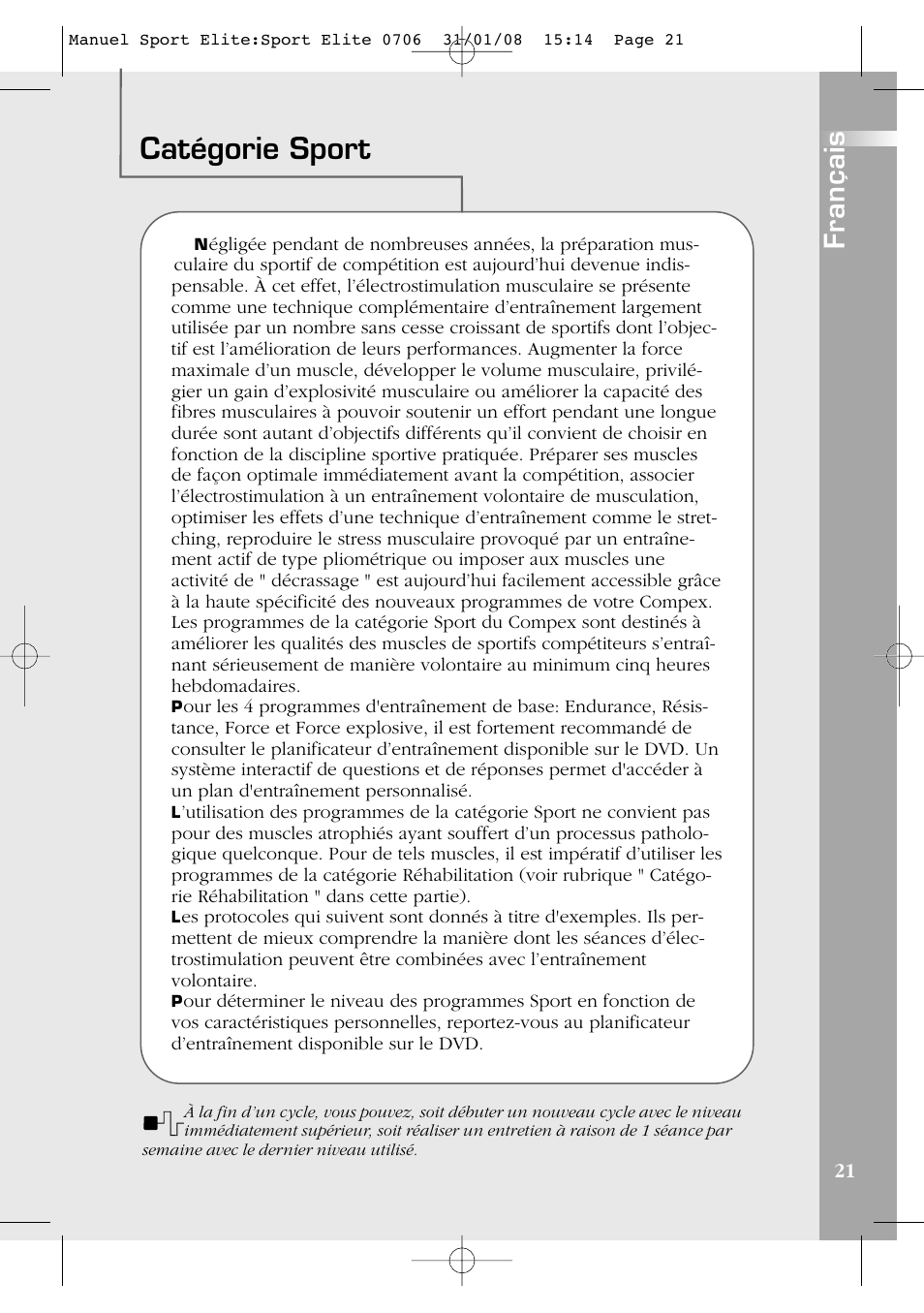 Catégorie sport, Français | Compex Sport Elite User Manual | Page 21 / 320