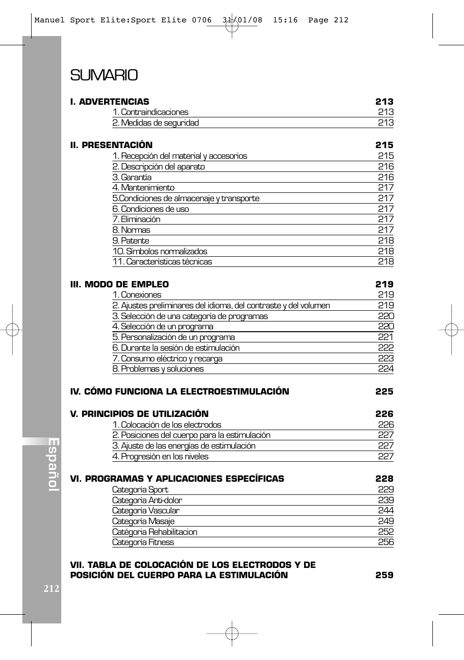 Sumario, Español | Compex Sport Elite User Manual | Page 212 / 320