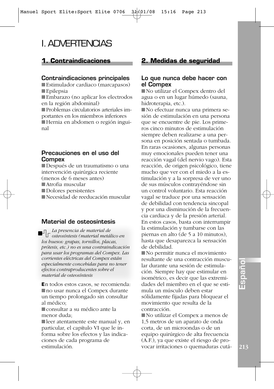 I. advertencias, Español | Compex Sport Elite User Manual | Page 213 / 320