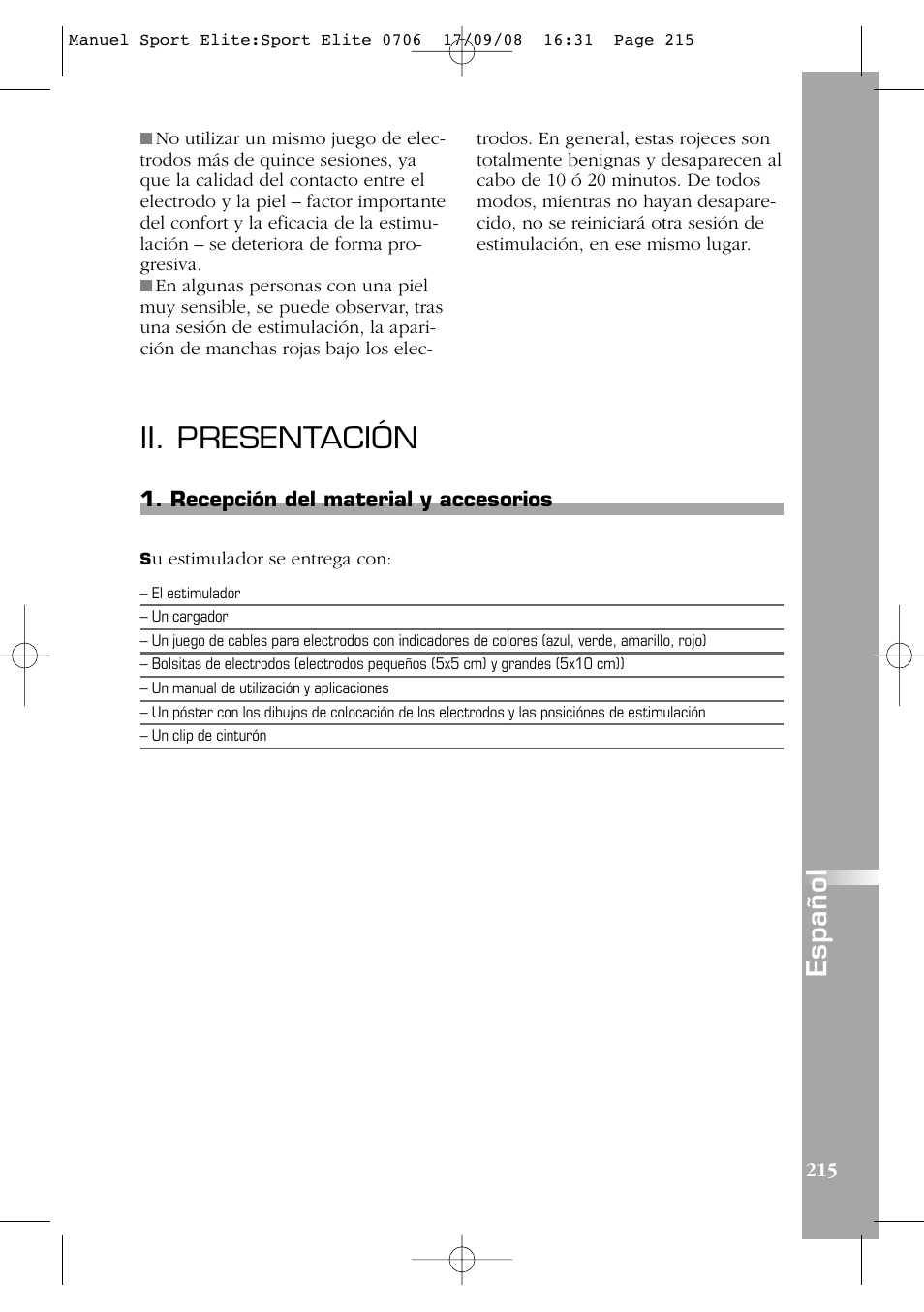 Ii. presentación, Español | Compex Sport Elite User Manual | Page 215 / 320