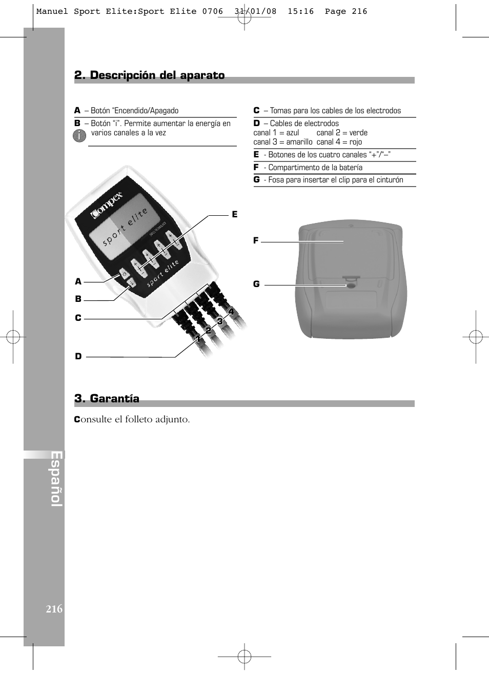 Español, 216 3. garantía, Descripción del aparato | Compex Sport Elite User Manual | Page 216 / 320