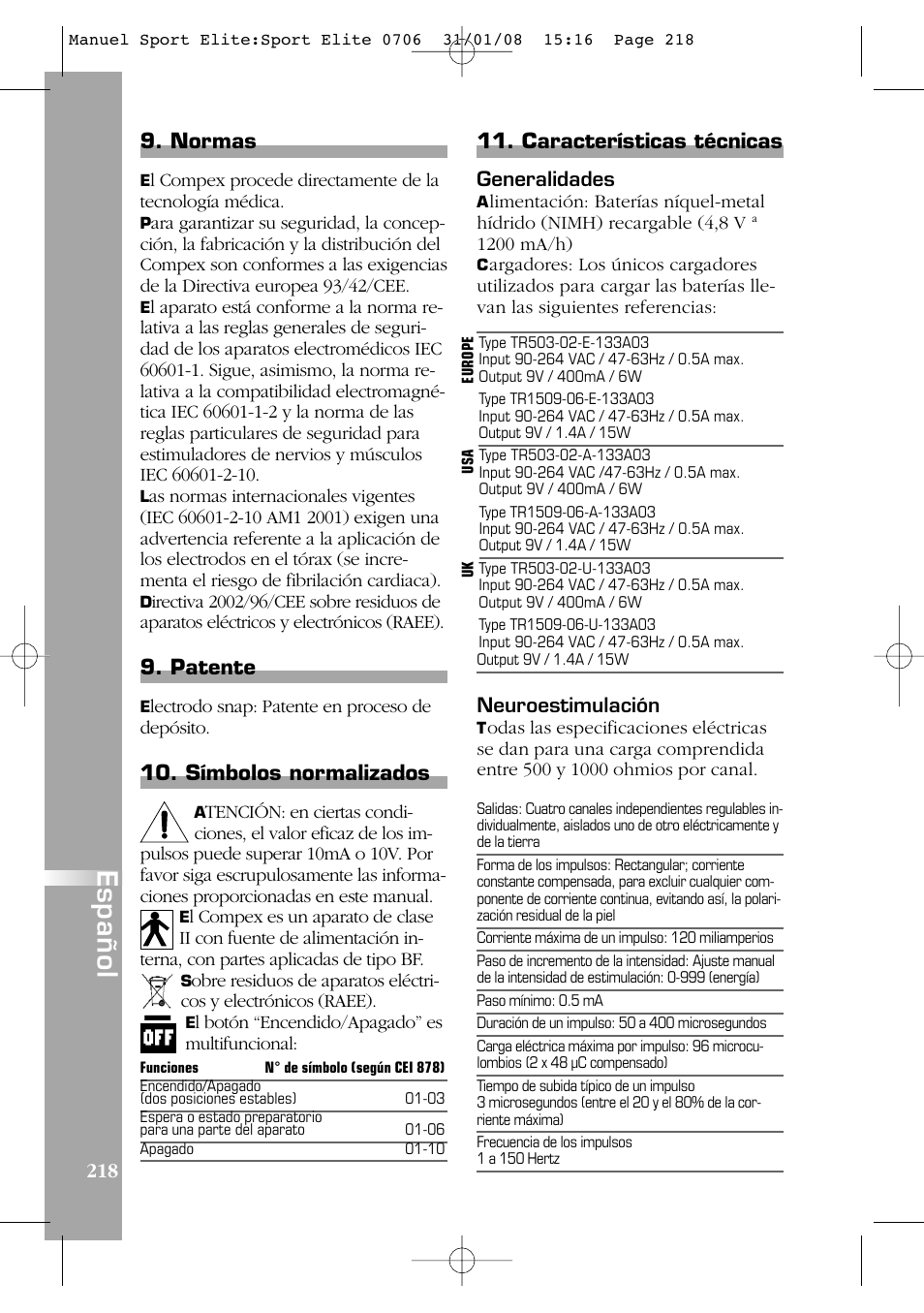 Español, Normas, Patente | Símbolos normalizados, Características técnicas | Compex Sport Elite User Manual | Page 218 / 320