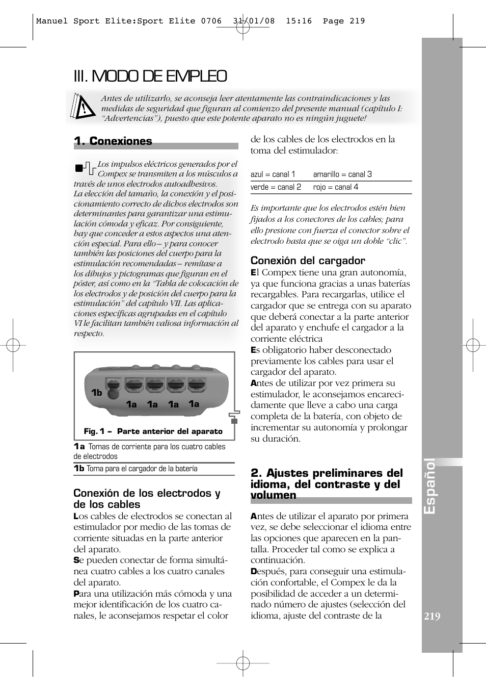 Iii. modo de empleo, Español | Compex Sport Elite User Manual | Page 219 / 320
