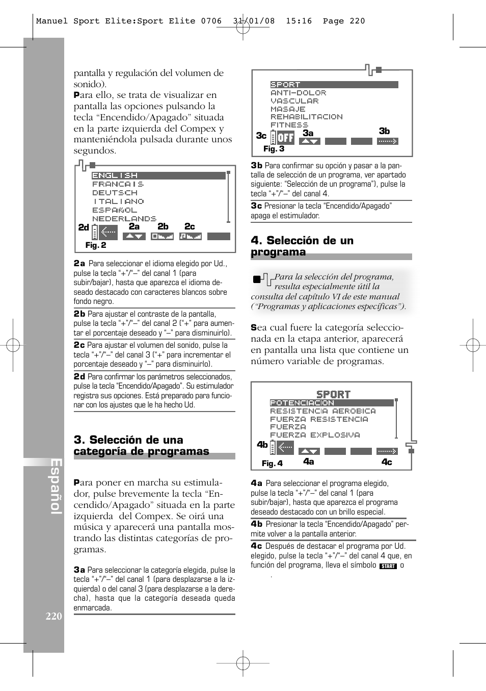 Español, Selección de un programa, Selección de una categoría de programas | Compex Sport Elite User Manual | Page 220 / 320
