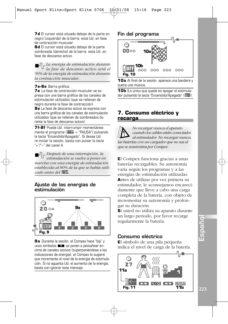 Español, Consumo eléctrico y recarga | Compex Sport Elite User Manual | Page 223 / 320