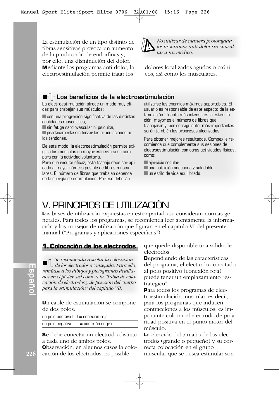 V. principios de utilización, Español | Compex Sport Elite User Manual | Page 226 / 320