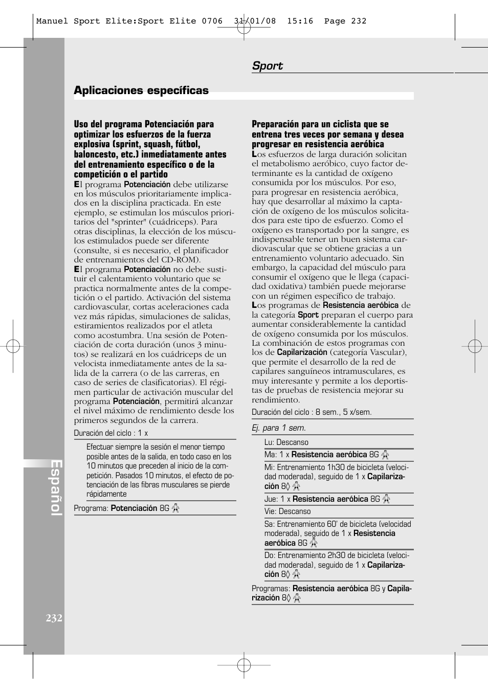 Español, Sport, Aplicaciones específicas | Compex Sport Elite User Manual | Page 232 / 320