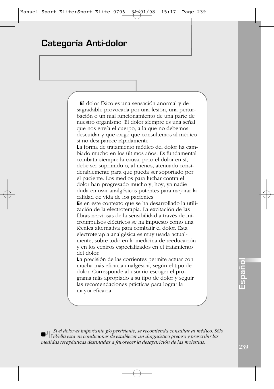 Categoría anti-dolor, Español | Compex Sport Elite User Manual | Page 239 / 320