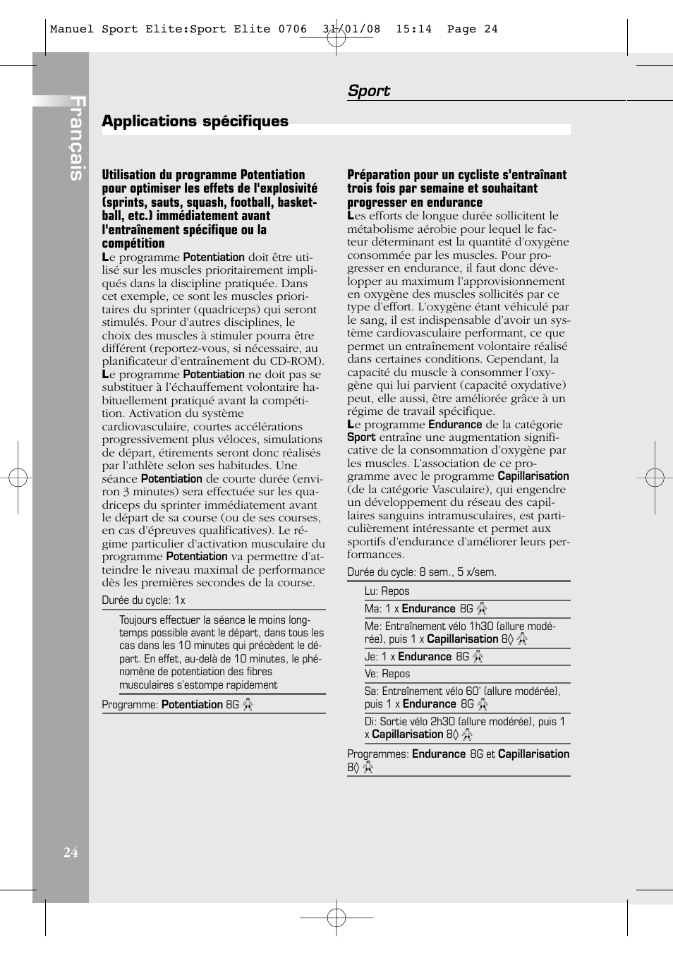 Français, Sport, Applications spécifiques | Compex Sport Elite User Manual | Page 24 / 320