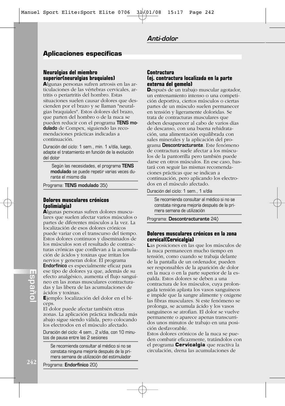 Español, Anti-dolor, Aplicaciones específicas | Compex Sport Elite User Manual | Page 242 / 320