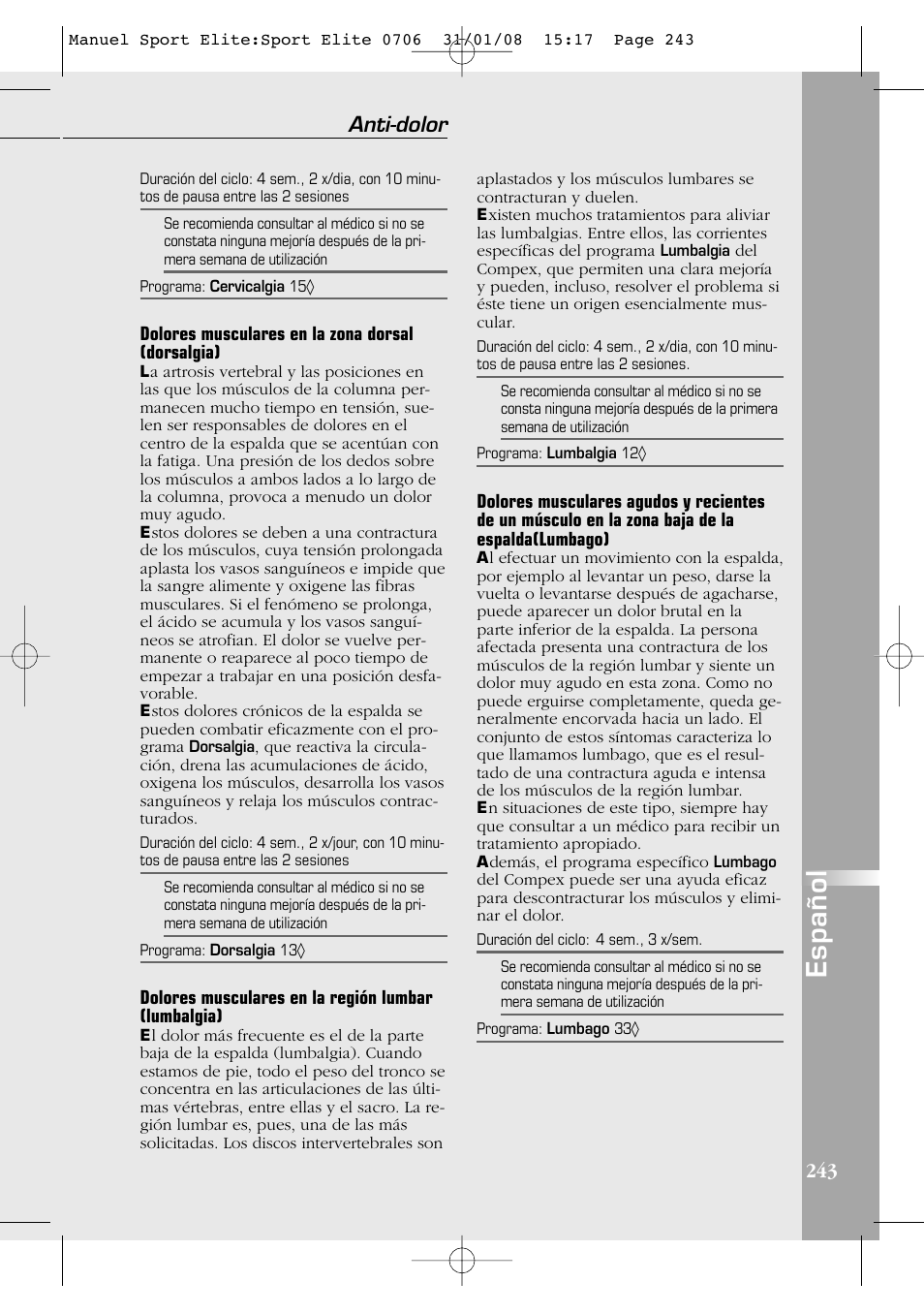 Español, Anti-dolor | Compex Sport Elite User Manual | Page 243 / 320