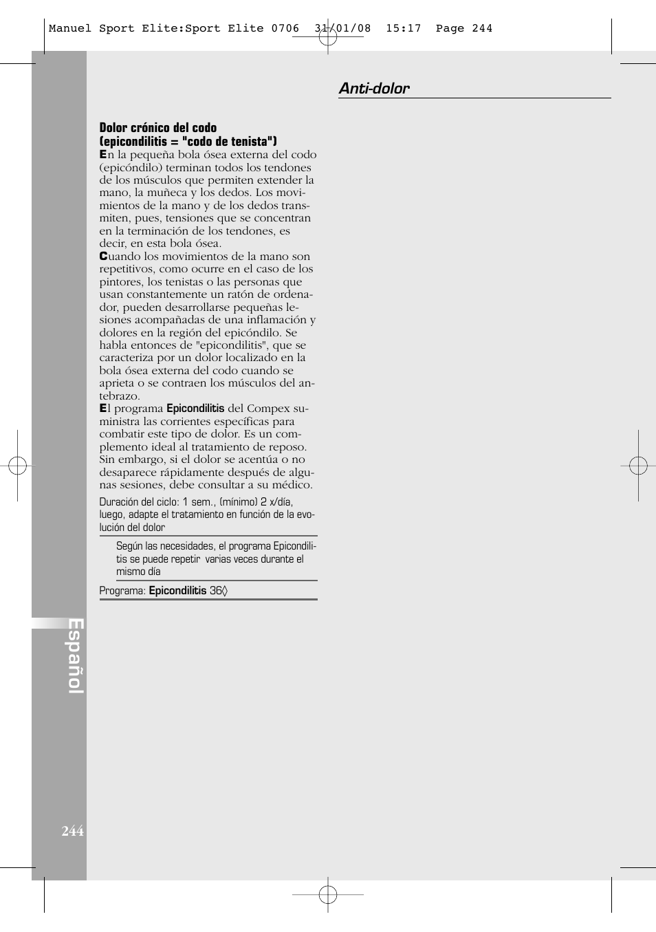 Español, Anti-dolor | Compex Sport Elite User Manual | Page 244 / 320