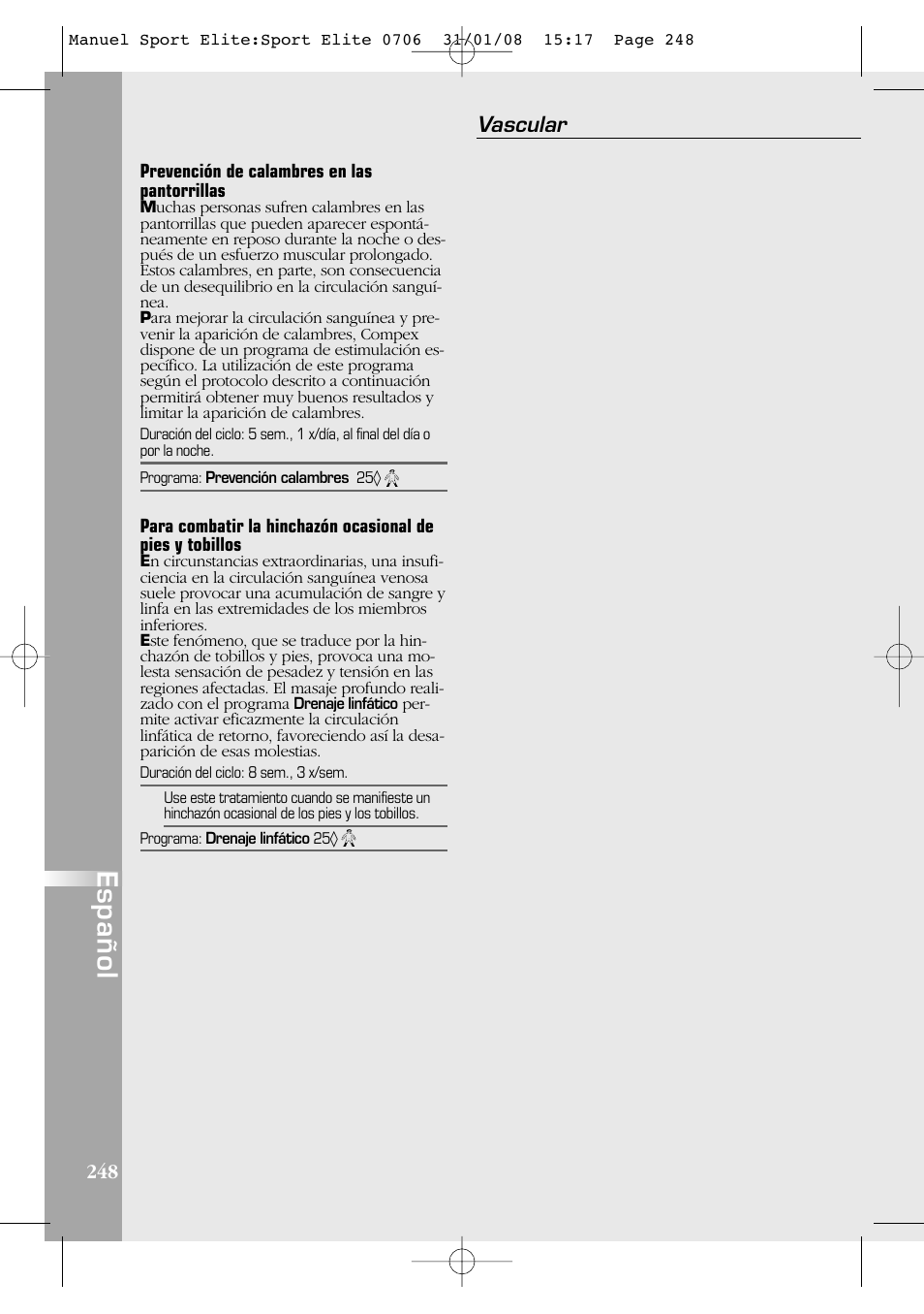 Español, Vascular | Compex Sport Elite User Manual | Page 248 / 320